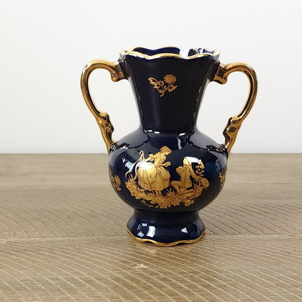 Vintage Limoges France Cobalt Blue Porcelain Vase 4.75 Inches 22K accents